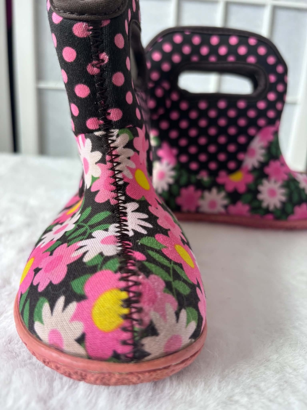 Bogs Kids Pink Floral and Polka Dot Rain Boots - Picture 2 of 7